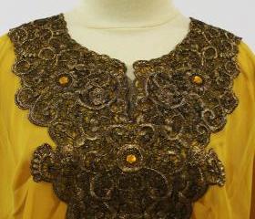 Yellow Tunic Blouse Moroccan Style Indonesian Traditional Gold Embroidery Unique Kerancang Pattern For Women