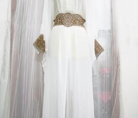 Bright White caftan Moroccan Style Sheer Chiffon cute Gold Embroidery Abaya clothing Dubai Maxi Dress Jalabiya for women