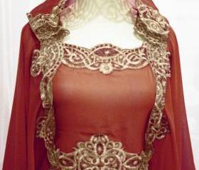 Maroon Moroccan Caftan Hoodie Sheer Chiffon Fancy FULL Gold Embroidery Abaya Dubai Maxi Dress farasha Hijab Style Jalabiya for women
